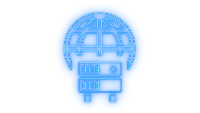 Colorful neon icon of a global database server and world network globe symbol representing cloud computing and data storage isolated on transparent background