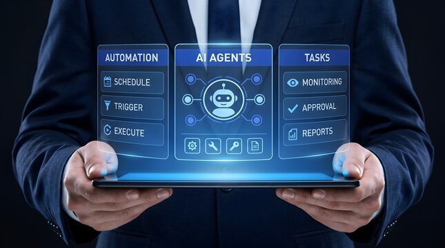Businessman holding tablet displaying AI agents interface with automation and tasks futuristic technology concept
