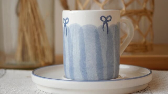 Still life shot of a small white ceramic cup with blue bow and stripe pattern on saucer.