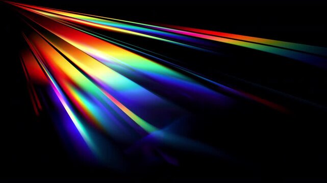 Colorful luminous rays converge and spread across deep black background. Radiant rainbow light streams. Saturated colors blend smoothly while glowing beams create depth and movement. Seamless loop 4K