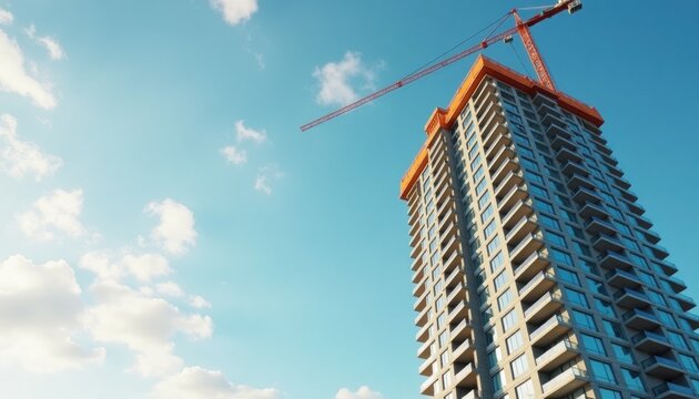 Construction site with crane and modern high-rise building copy space