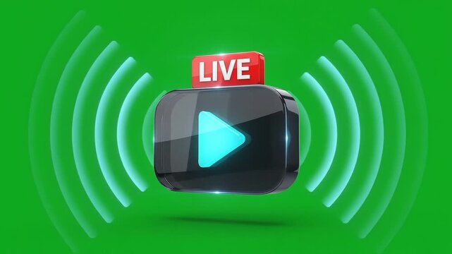 Dynamic live video streaming icon with glowing signal waves, representing online broadcasting and real-time digital content delivery for engaging audiences