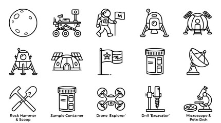 Space Exploration Icons: Astronaut, Rover, Lander, Moon, Satellite © Malam