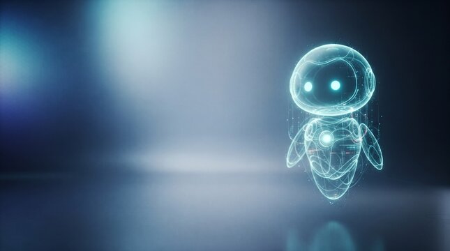 Transparent holographic robot assistant glowing on soft blue gradient background, artificial intelligence concept with copy space