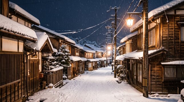雪の降る夜の日本の木造住宅街、電柱と街灯が照らす雪道