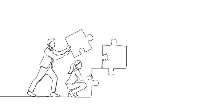 Animated teamwork puzzle continuous line illustration. Business people assembling pieces for collaboration 4K video
