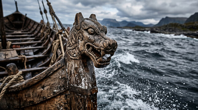 Ancient Viking Ship Sails the Open Sea: A weathered Viking longship, its dragon-head prow cutting through choppy waves, embarks on a journey across a vast, rugged seascape under a dramatic.