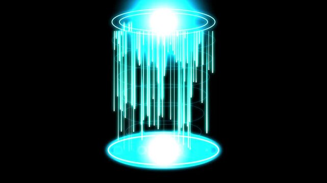 Futuristic blue glowing cybernetic teleportation portal with vertical light streams against a black background