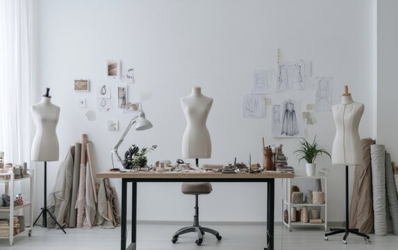 Modern Designer Workspace Filled with Sewing Materials and Mannequins for Creative Fashion Projects