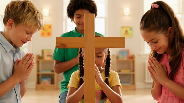 Diverse group of children praying around a wooden cross, symbolizing faith and religious education. Unity and childhood innocence in a spiritual setting.