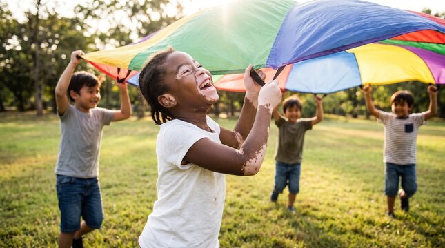 Diverse group of children joyfully playing with a colorful parachute in a sunlit park outdoors