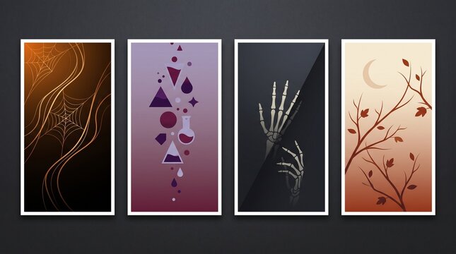 Four Halloween vertical posters featuring spider webs, magic potions, skeleton hands, and autumn branches in minimalist vector style