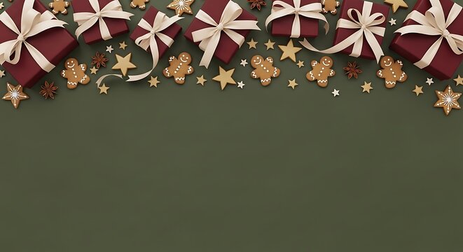 A festive top border features maroon holiday gift boxes wrapped in cream ribbons alongside aromatic gingerbread men cookies and sparkling gold star ornaments arranged upon a rich forest green