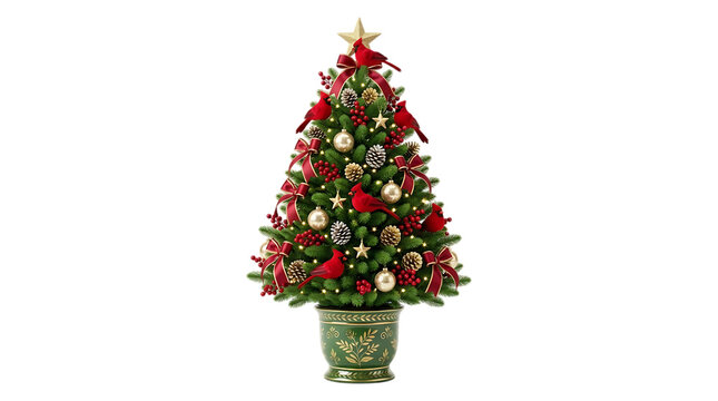 Decorated christmas tree in a green pot isolated on white isolated on transparent background