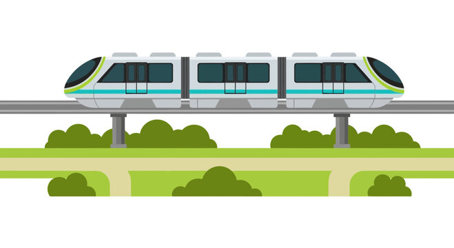 Modern High-Speed Monorail Train on Elevated Track Illustration; Futuristic Public Transportation and Sustainable Urban Infrastructure Concept Vector
