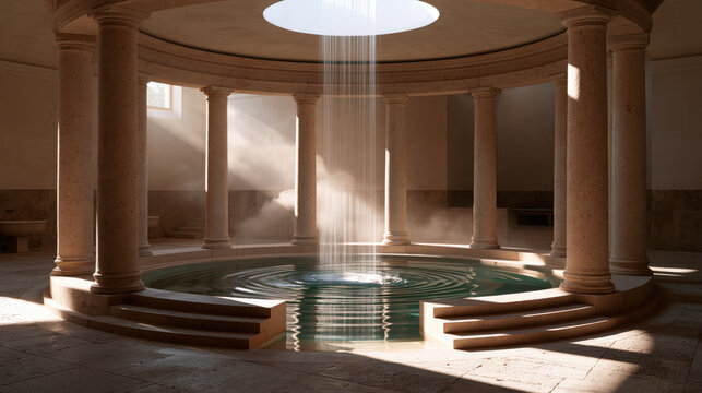 monumental roman bath hall with rain falling into pool