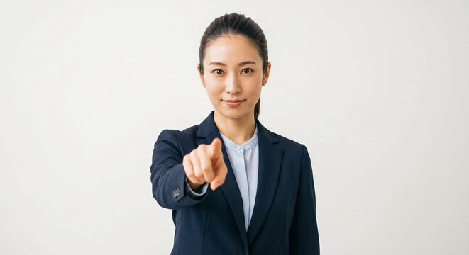 スーツ姿でこちらを指差す女性と背景の余白