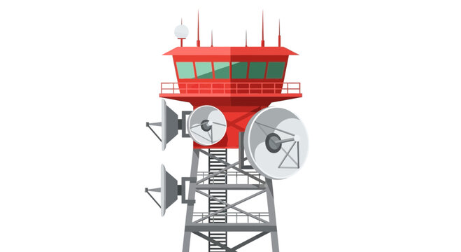 Red Airport Control Tower and Telecommunication Station with Satellite Dishes Vector Illustration Isolated on White