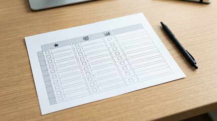 Obraz premium Performance accuracy scorecard beside pen on desk, forecast accuracy and KPI measurement concept