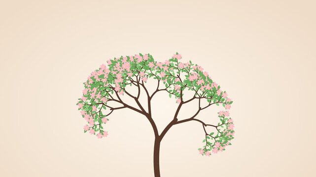 Animated blooming tree with pink flowers and green leaves on a plain background showing progression from start to end