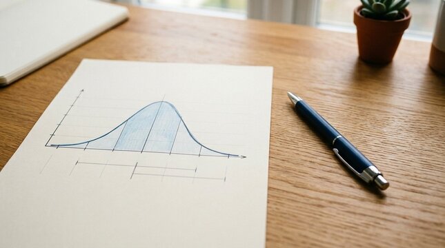 Statistical distribution chart beside pen on desk, data distribution and probability analysis concept