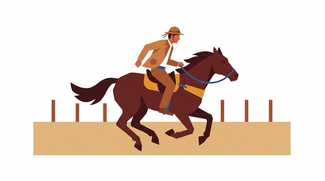 Ilustra&ccedil;&atilde;o de vaqueiro nordestino de chap&eacute;u de couro cavalgando um cavalo marrom a galope em arena de terra com cerca de madeira, tradi&ccedil;&atilde;o do vaqueiro e da vaquejada no Nordeste