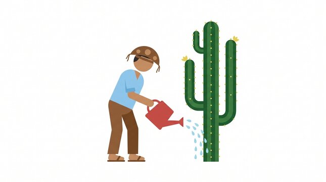 Ilustra&ccedil;&atilde;o plana de homem nordestino de chap&eacute;u de couro regando um grande cacto mandacaru florido com regador vermelho, conceito de conviv&ecirc;ncia com o semi&aacute;rido e cuidado com a natureza