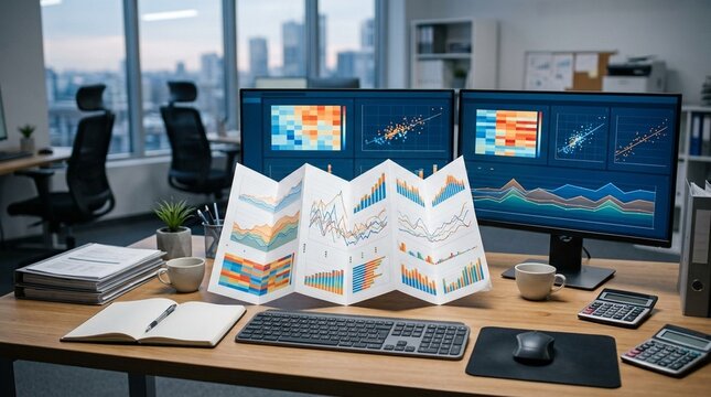Supply chain analytics desk with folded correlation chart, data relationships and statistical analysis