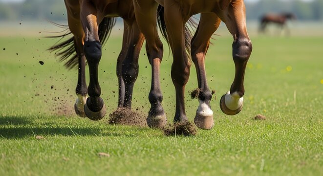 Powerful horse legs gallop across a vibrant green grassy field