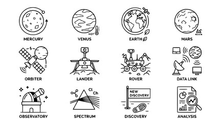 Space Exploration Icons: Planets, Rover, Lander, Observatory, Spectrum, Discovery © Roti