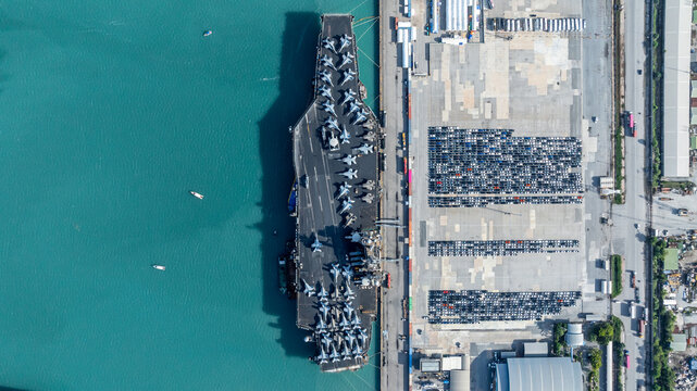 Aerial view nuclear powered aircraft carrier, USA navy ship carrier airplane fighter jet aircraft army navy nuclear ship carrier full fighter jet aircraft technology of battleship.