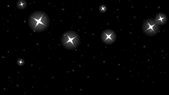 黒背景に無数の白い星が光条を放ってきらめく4Kシームレスループ 合成用オーバーレイ素材