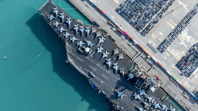 Aerial view nuclear powered aircraft carrier, USA navy ship carrier airplane fighter jet aircraft army navy nuclear ship carrier full fighter jet aircraft technology of battleship.