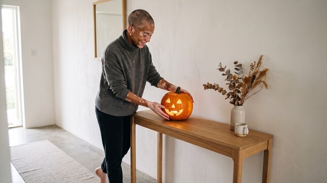 Woman with vitiligo decorating for Halloween with a glowing jack o lantern on a console table
