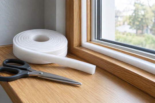 Foam Weather Stripping Beside a Wooden Window Frame
