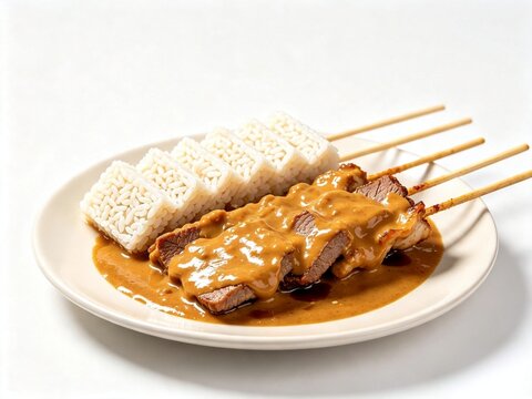 Indonesian Beef Satay Skewers with Rich Peanut Sauce and Rice Cake on White Plate