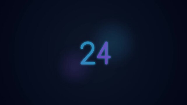 Neon blue and purple number twenty four animation on dark