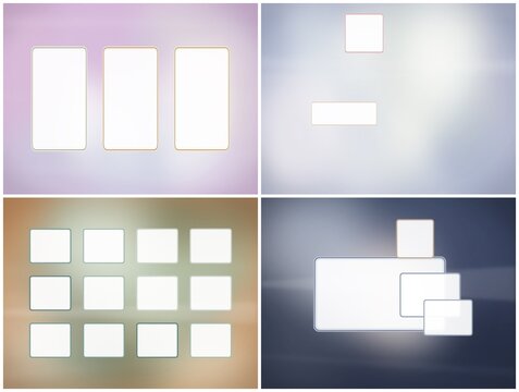 White blank cards and document-stack outlines float on gentle pastel gradients in a 2x2 layout, making an ideal scene for slide decks and UI themes.