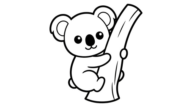 Cute baby koala hugging a tree branch, simple black and white line art illustration for coloring book, isolated on white background