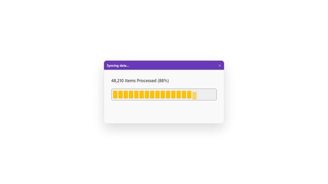 4K Animation of a Minimal Data Syncing Progress Bar Window with 88 Percent Completion and Item Counter for Software Updates and Cloud Processing Tasks.