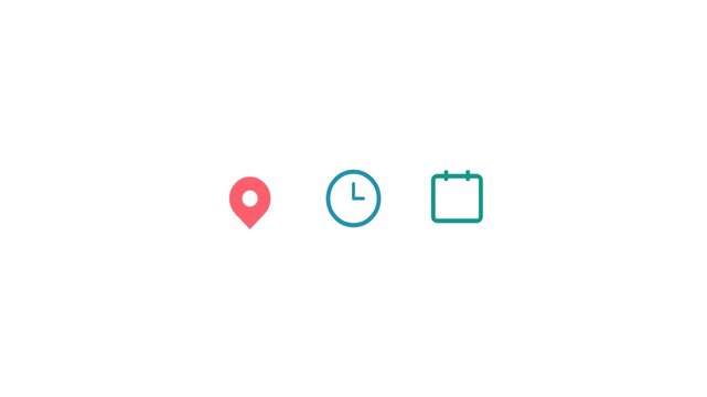 Animated minimal flat icons featuring a red map pointer and a blue clock. High-quality 4k motion graphics for business apps, logistics, delivery tracking, and time management.
