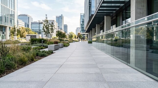 A wide, paved walkway leads towards a distant cityscape. The walkway is flanked by a glass wall on one side and a planted area with trees and benches on the other.
