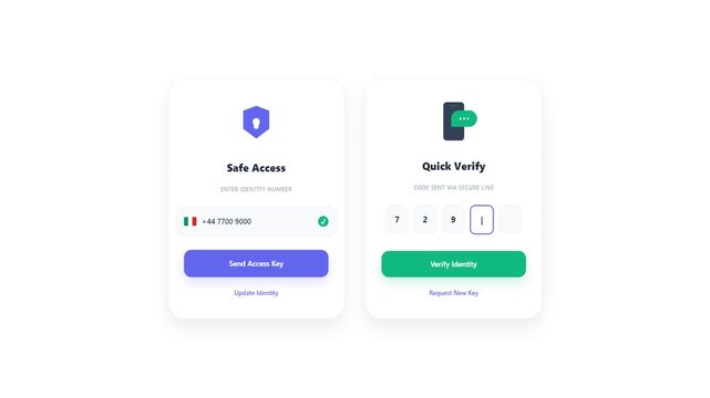 Secure access login screen animation with phone number verification and identity protection shield icon for mobile apps and web design.