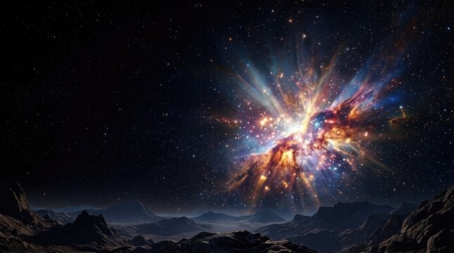 A vibrant supernova explodes in the dark expanse of space, illuminating a rugged, mountainous landscape below.