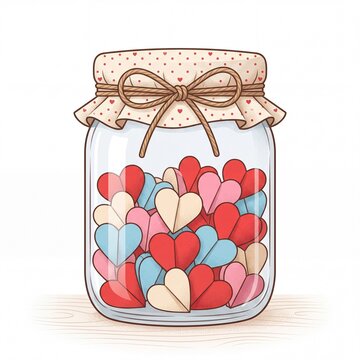 Illustration of a glass jar filled with colorful paper hearts
