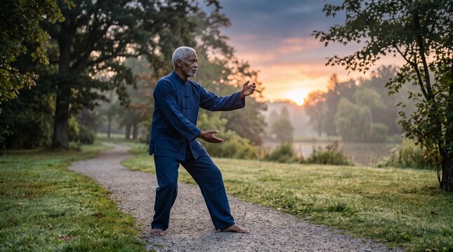 Elderly African American man practicing Tai Chi in a park at sunrise with a serene lake in the background