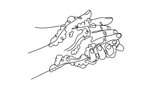 Continuous line drawing of hands washing with soap and bubbles