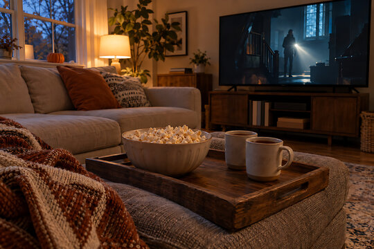 Hot drinks and popcorn on an ottoman tray for movie night