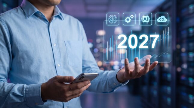 Professional holding virtual hologram interface displaying future annual business growth projections