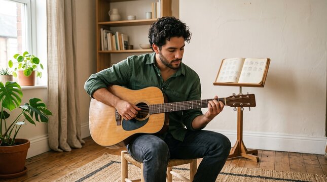 Man playing acoustic guitar in a cozy room with plants and bookshelf